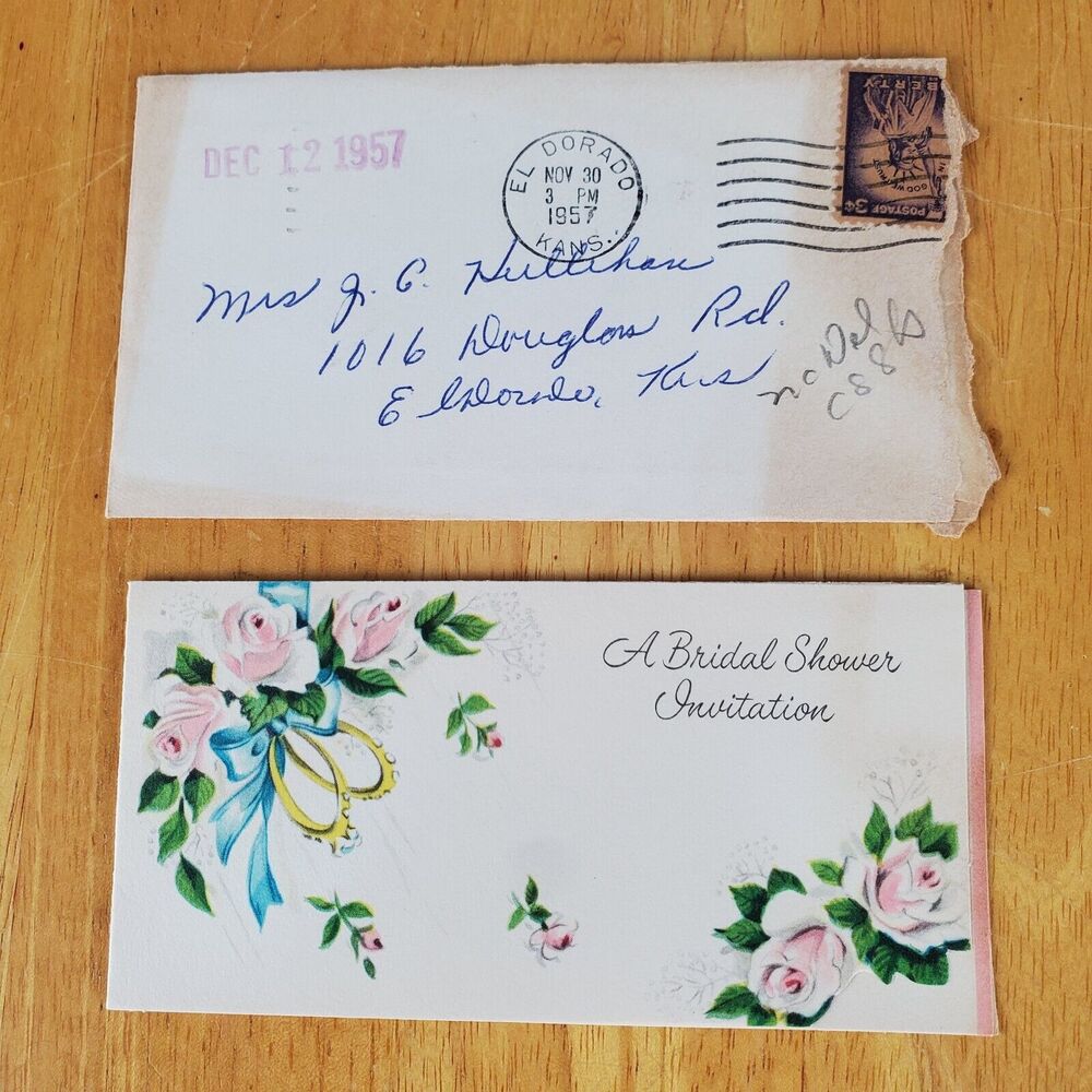 Gibson 1957 Bridal Shower Invitation With Envelope & Stamp El Dorado Kansas